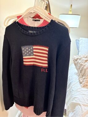 Ralph Lauren Black Crewneck Sweater with American Flag Motif